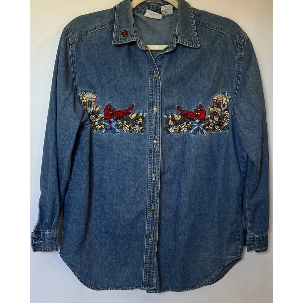Vtg Bobbie Brooks Wmns Small Embroidered Grannycore Denim Bird Button Up Shirt